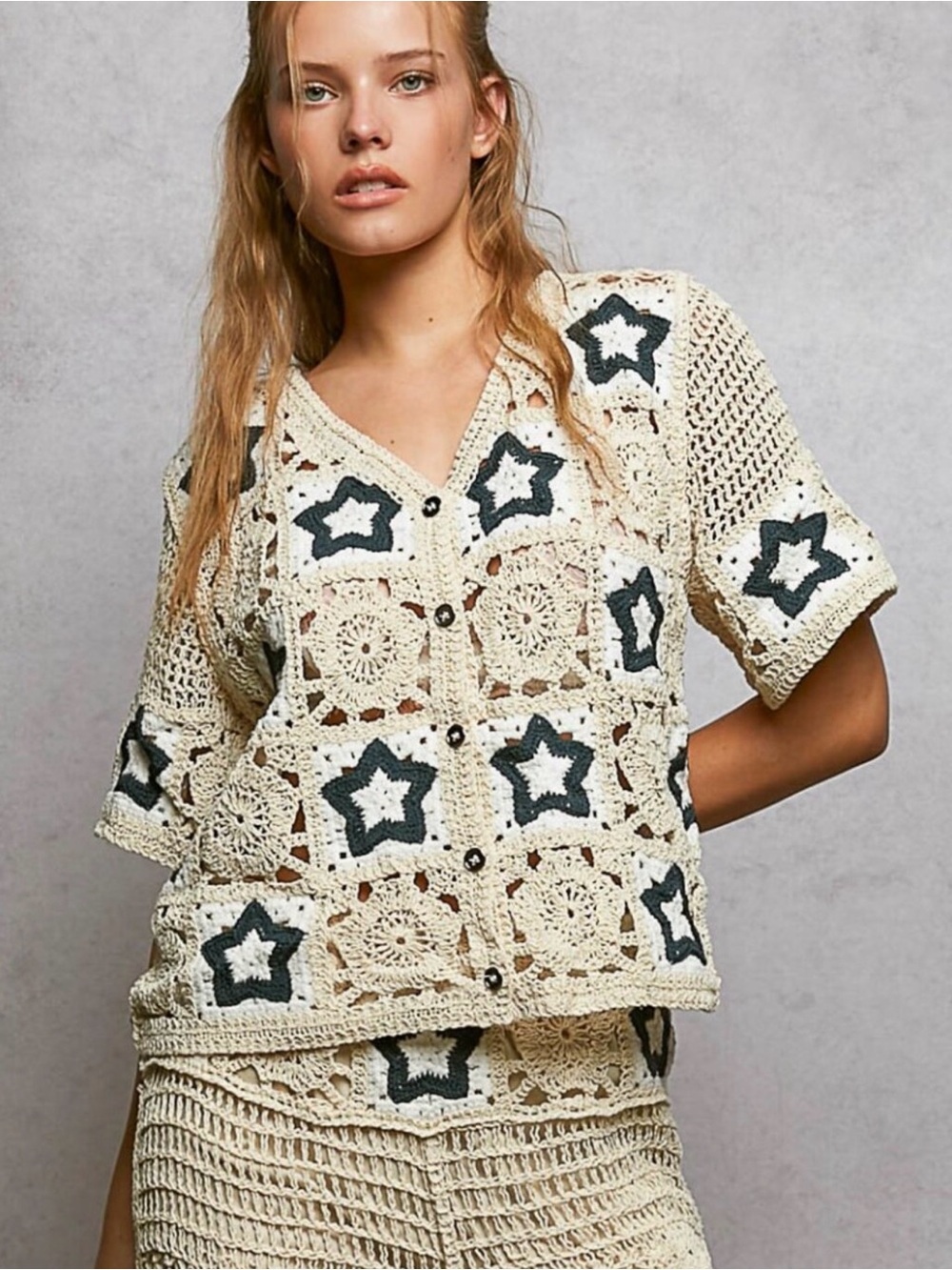 POL Crochet Star Motif Button-Front Cardigan